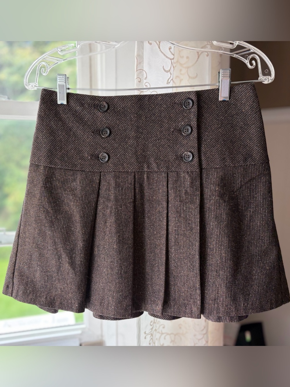 Y2K United Colors Of Benetton Brown Tweed Pleated Wrap Mini Skirt XS Schoolgirl